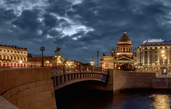 Picture bridge, river, building, home, lights, Saint Petersburg, St. Isaac's Cathedral, Russia