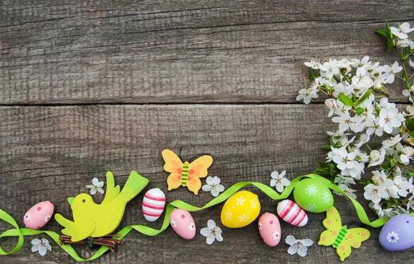 Picture flowers, eggs, colorful, Easter, happy, wood, blossom, flowers