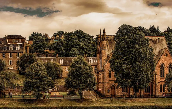 Picture trees, castle, Gothic, street, Scotland, architecture, vintage