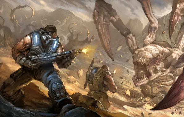 Picture weapons, monster, art, soldiers, battle, Gears of War 3