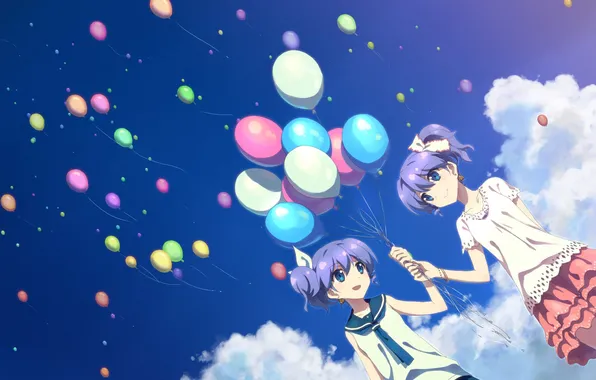 The sky, clouds, smile, girls, anime, art, balloons, yuuki tatsuya