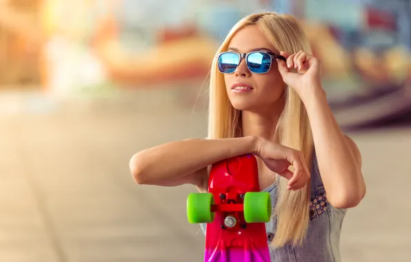 Picture the sun, background, glasses, hairstyle, blonde, skate, bokeh, skateboard