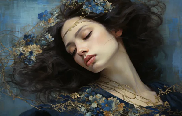 Girl, flowers, face, pose, hair, sleep, portrait, brunette