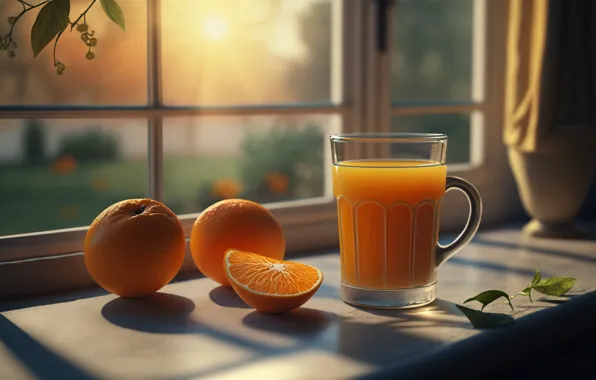 Light, glass, table, oranges, window, juice, drink, still life