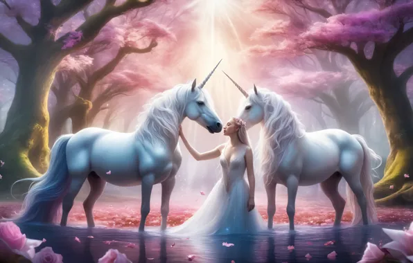 Girl, horses, horse, fantasy, unicorn, white, Princess, fairy world