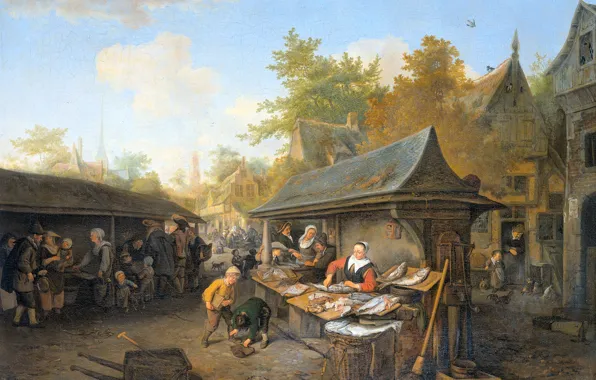 Picture oil, picture, canvas, Fish Market, 1683, Cornelis Dusart, Cornelis Dusart