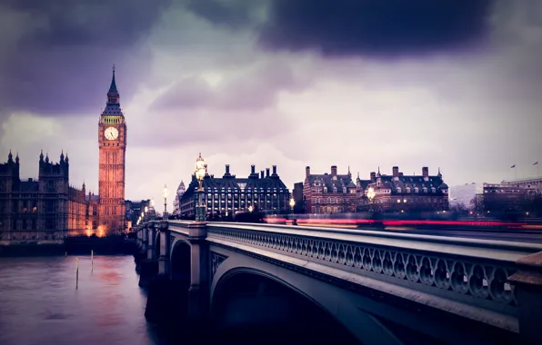 Clouds, bridge, rain, London, excerpt, Big Ben