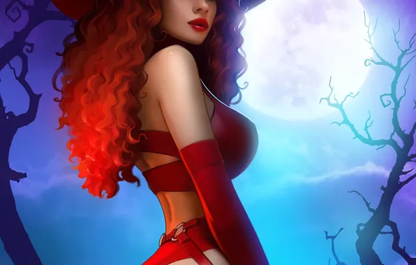 Girl, moon, fantasy, green eyes, night, redhead, digital art, artwork