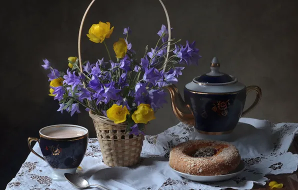 Flowers, coffee, still life, donut, bell, marigold