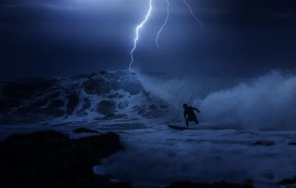The storm, night, the ocean, lightning, surfing, guy