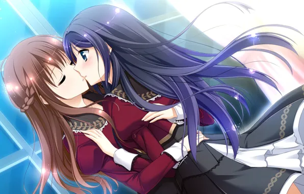 Girls, Kiss, Sakura Mau Otome no Rondo, Effectively Aoi, Game CG, Amatsuki Ryoukin, Hug, Embarrassment
