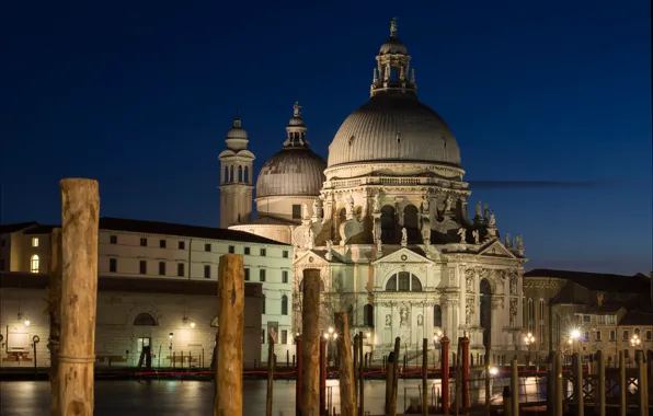 Night, lights, posts, Italy, Venice, Cathedral, channel