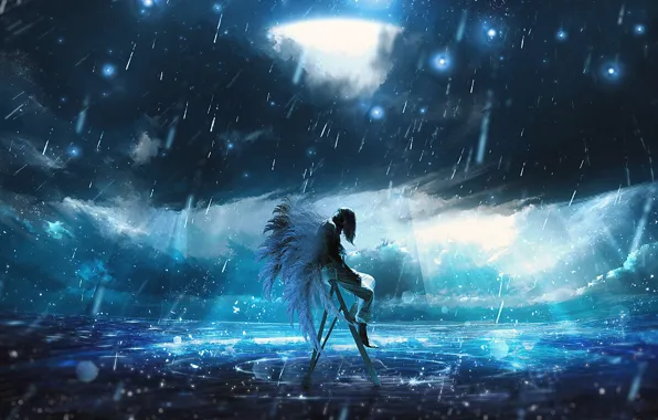 Rain, sky, digital, blue, art, wings, clouds, man