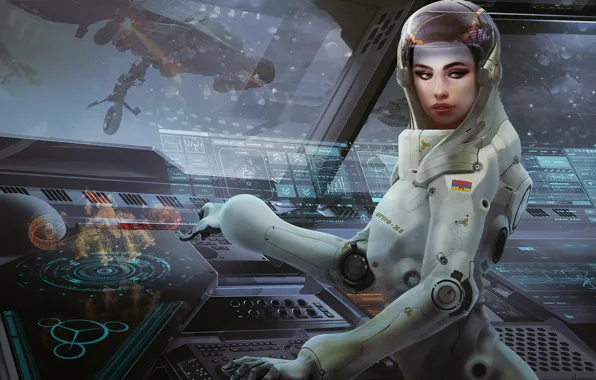Picture girl, space, future, fiction, interface, figure, astronaut, the suit