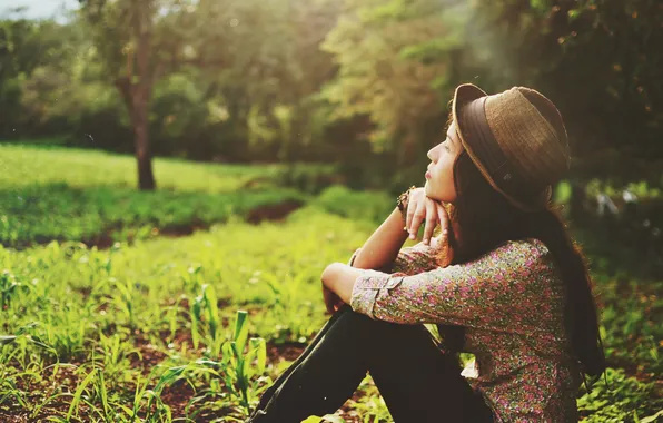 Summer, girl, hat, profile, hat, curls