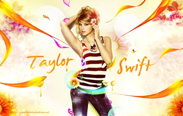 Picture girl, butterfly, flowers, graphics, petals, singer, bright, Taylor