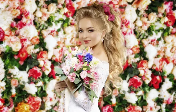 Picture look, girl, flowers, hair, bouquet, makeup, blonde, beautiful