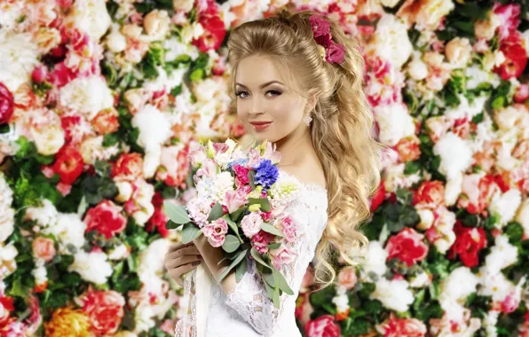 Look, girl, flowers, hair, bouquet, makeup, blonde, beautiful