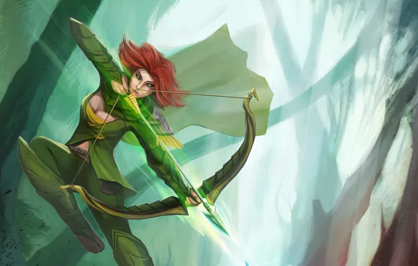 Girl, trees, bow, arrow