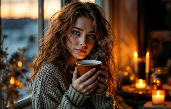 Look, girl, light, pose, comfort, room, tea, portrait