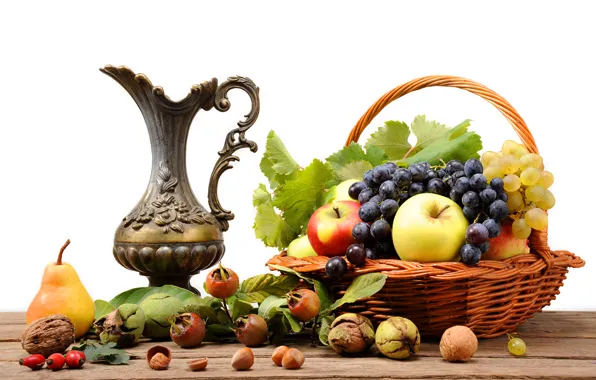 Picture table, basket, apples, briar, grapes, pear, pitcher, fruit