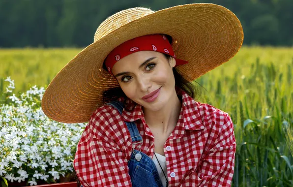 Flowers, smile, green grass, hat, brown eyes, July, beautiful woman, shirt in the box