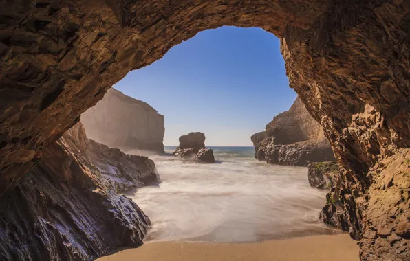 Beach, the ocean, rocks, cave, california, beach, coast, santa cruz