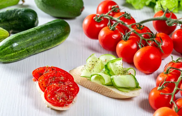 Table, bread, white background, tomatoes, on the branch, tomatoes, slices, fresh