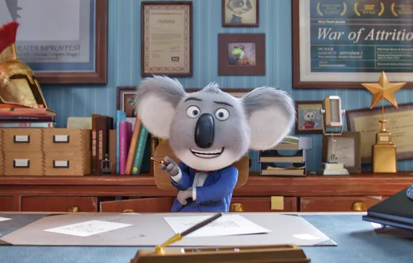 Cinema, film, animated film, animal, Sing, officetar, koala, spartan helmet