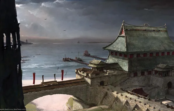 Picture sea, wave, landscape, the city, Marina, ships, arch, heavenly sword