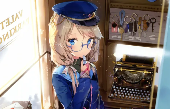 Letter, glasses, girl, phone, typewriter, blue eyes, keys, whistle