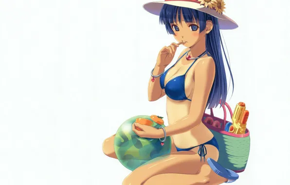 The ball, bag, Slippers, blue hair, yummy, straw hat, in bikini, sitting on my lap