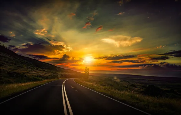 ROAD, GRASS, HORIZON, The SKY, CLOUDS, SUNSET, FIELD, DAL