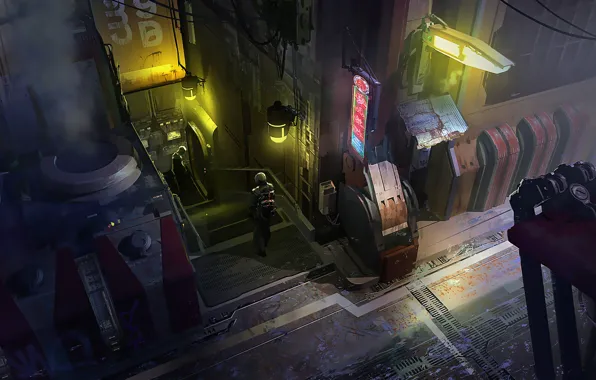 Night, The city, Future, Neon, People, Fiction, Concept Art, Lane