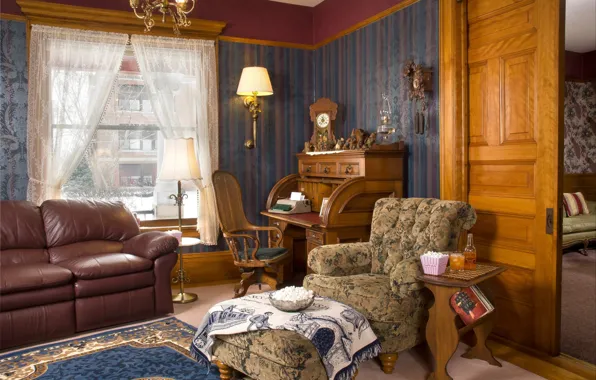 Picture interior, typewriter, living room, Franklin Victorian, a Secretary