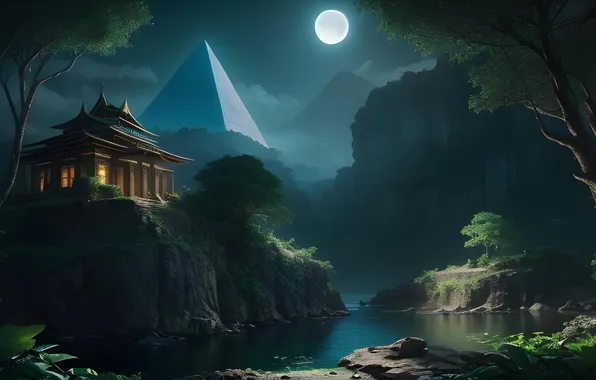 Mountains, night, river, the moon, pyramid, Palace