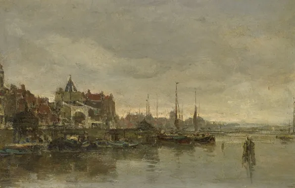 The city, oil, picture, canvas, Jacob Maris Hendrikus, Schreierstoren tower and Bridge in Amsterdam