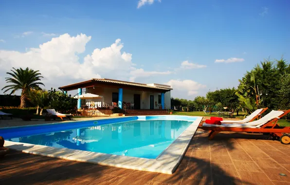 Picture the sky, water, clouds, design, interior, pool, sun loungers