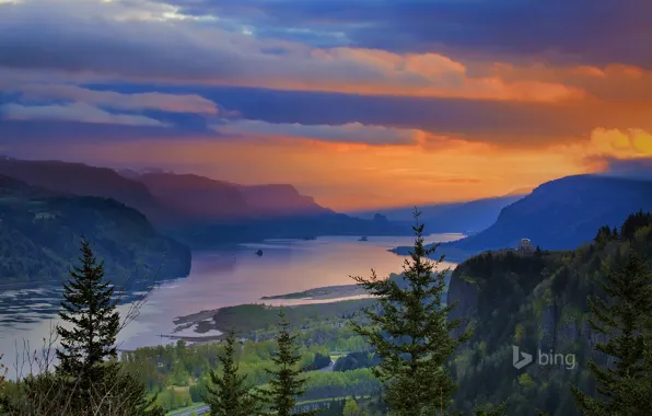 Trees, mountains, nature, Oregon, glow, USA, the Columbia river, Crown Point