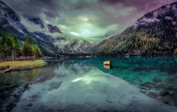 Forest, the sky, clouds, mountains, fog, lake, reflection, shore