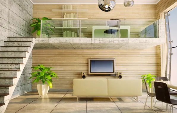 Table, sofa, plants, light, TV, window, ladder