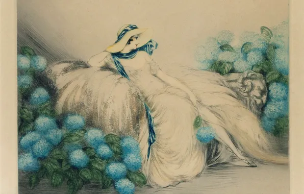 1933, Louis Icart, Lady with blue flowers