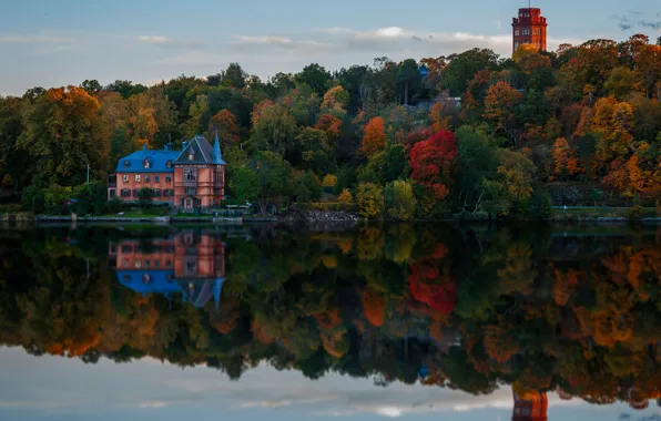 Autumn, forest, the sky, water, trees, house, reflection, river