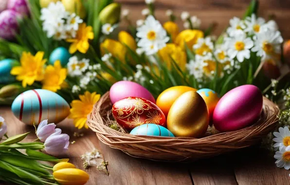 Flowers, eggs, spring, colorful, Easter, happy, flowers, spring