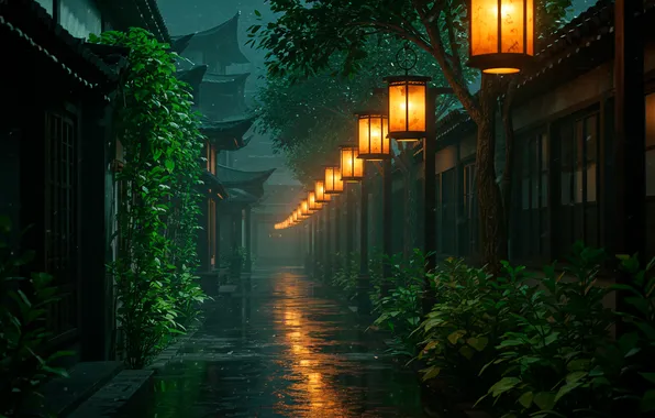 Night, lights, style, rain, Wallpaper, street, Asia, art