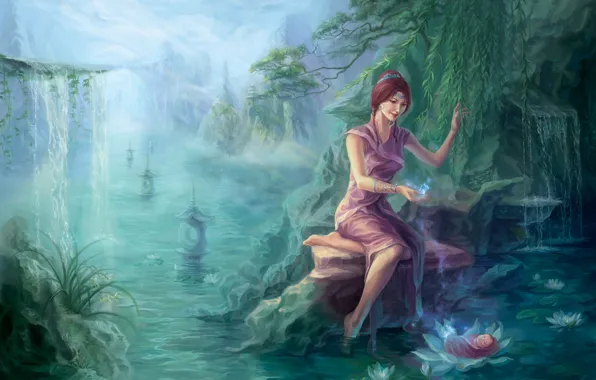 Picture forest, water, girl, river, rocks, magic, Asia, waterfall