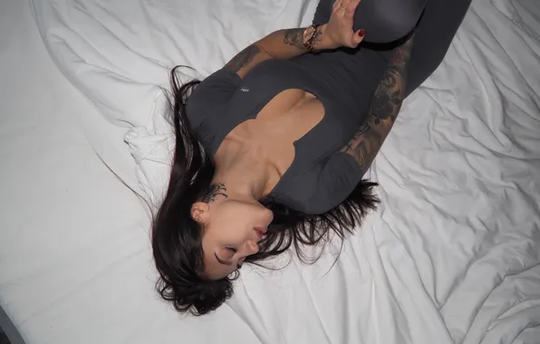 Sexy, pose, model, makeup, brunette, tattoo, hairstyle, bed