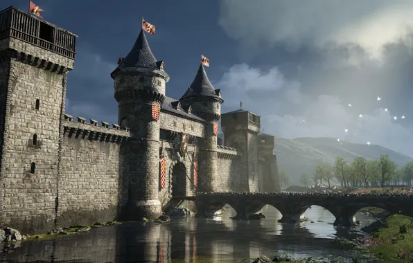 Birds, bridge, fortress, ditch, Castle on the river
