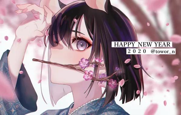 New year, Girl, Sakura, Cherry Blossom, Purple Eyes