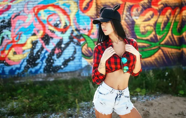Girl, shorts, the evening, piercing, glasses, cap, shirt, Mikhail YEKIM